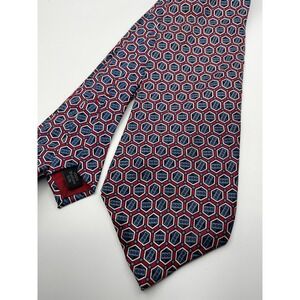 Via Manzoni Mens Silk Tie Red Blue Geometric Hexagon Pattern Made in Italy